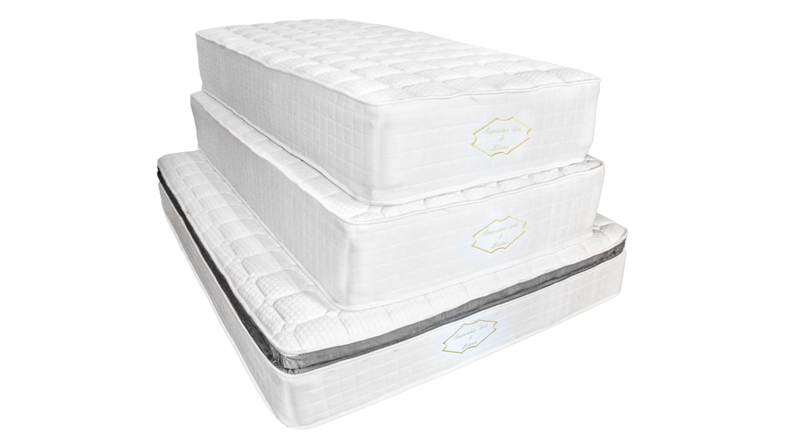 Turn-Free, Euro-Top and Pillow-Top mattresses stacked to show each profile